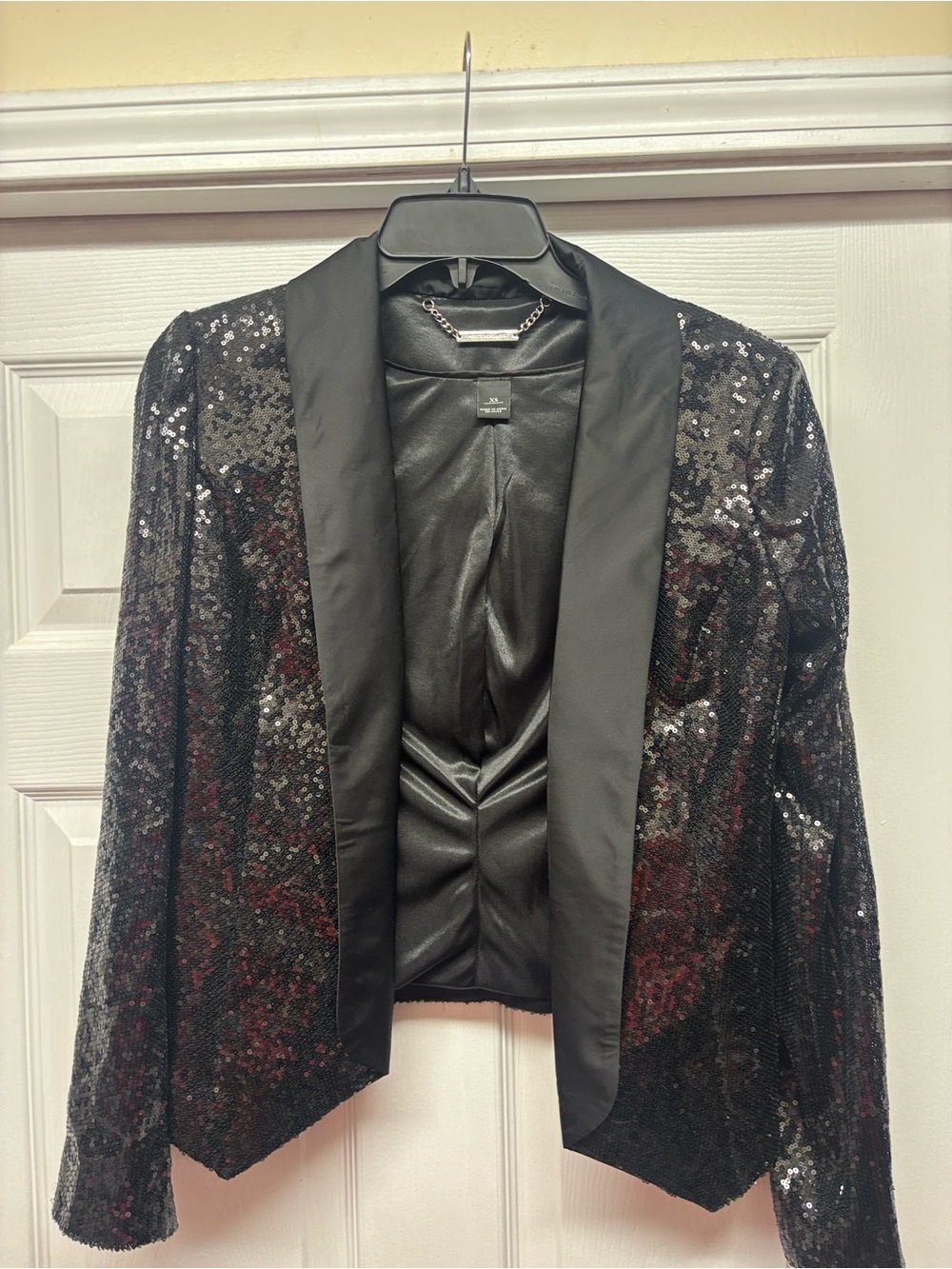White House Black Sequin Open-Front Blazer Jacket Silky Lapel XS